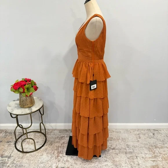 leena For Mac Duggal Burnt Orange Polka Dot Ruffle Tiered Maxi Gown - Reemoly